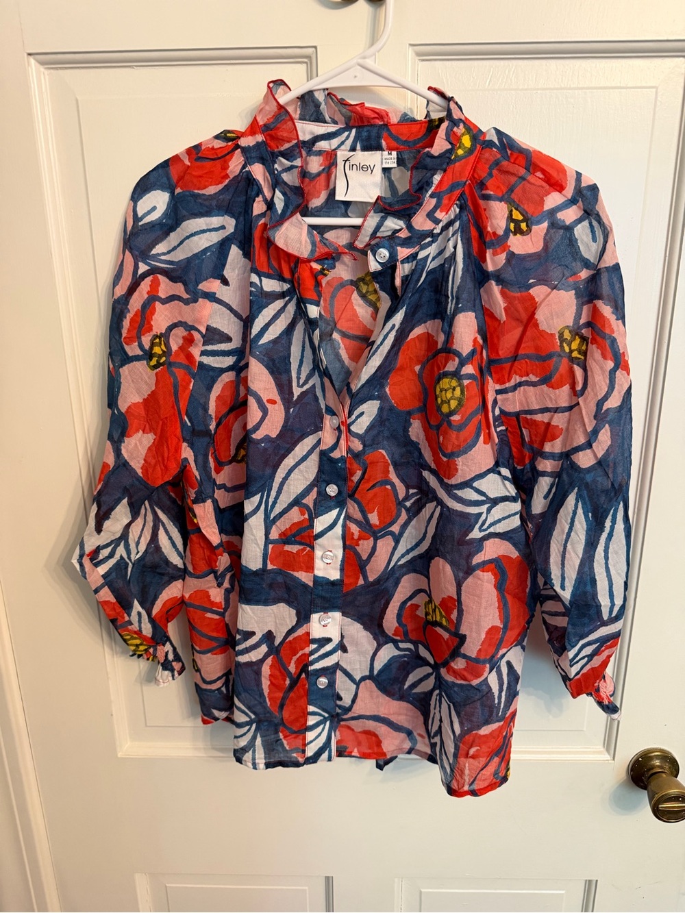 Finley Navy Floral Button-Up Blouse with Red & Pink Accents